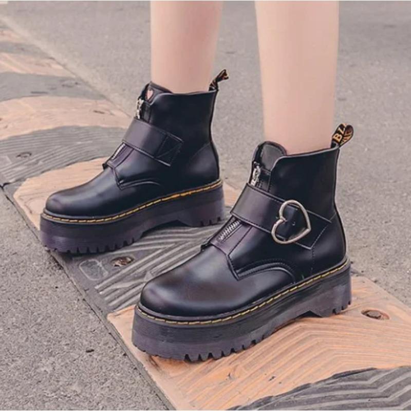 Women's Ankle Boots Autumn Spring Ladies Heels Platform Shoes Female Chunky Leather Flat Heels Booties C736