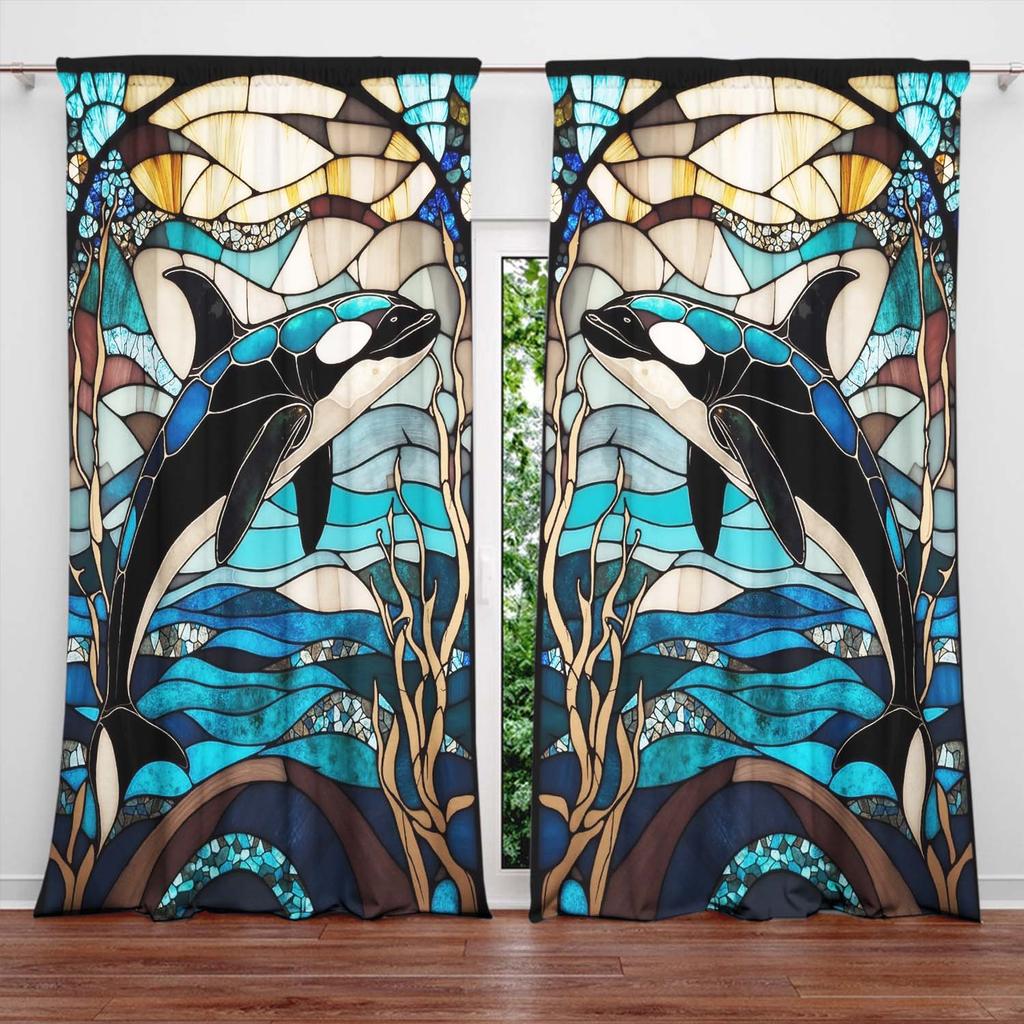 2 Panels Ocean Glass Killer Whale Pattern Curtains   Distinctive Printed Curtains   Suitable for Gifting To Family and Friends