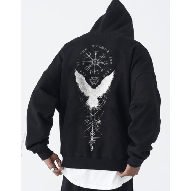 Plus Size Street Men's Hip Hop Retro Spell Crow Totem Print Hooded Sweatshirt