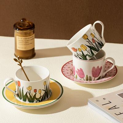 Keramické hrnky a podšálky tulipánového květu 250 ml Šálek na kávu s dezertní mísou Snídaně Mléko Kancelářský šálek na čaj Vhodné do mikrovlnné trouby