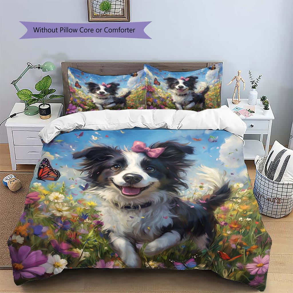 Border Collie and Grassland Pattern Bedding Home Decoration Birthday Gift (1 * Duvet Cover + 2 * Pillowcase, Without Core)
