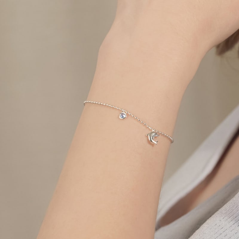 JEWNEL Silver925 Dolphin and Blue Cubic Ball Chain Bracelet (2 colors)