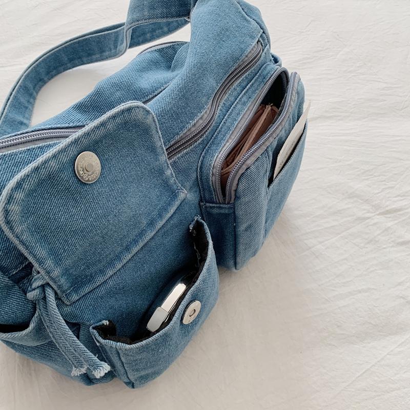 Multi-Pocke Crossbody Bag Denim Commuter Tote Bag Women Large Capacity Messenger Bag