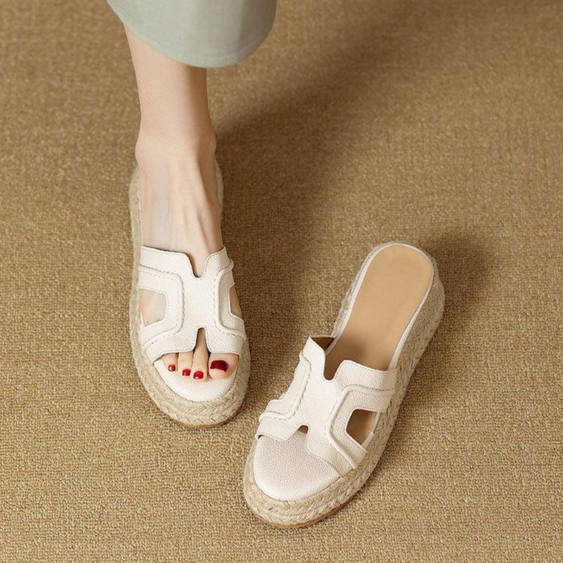 Small thick-soled one-word slippers women's 2025 new summer wear woven wedge heel sandals with skirt cool slippers