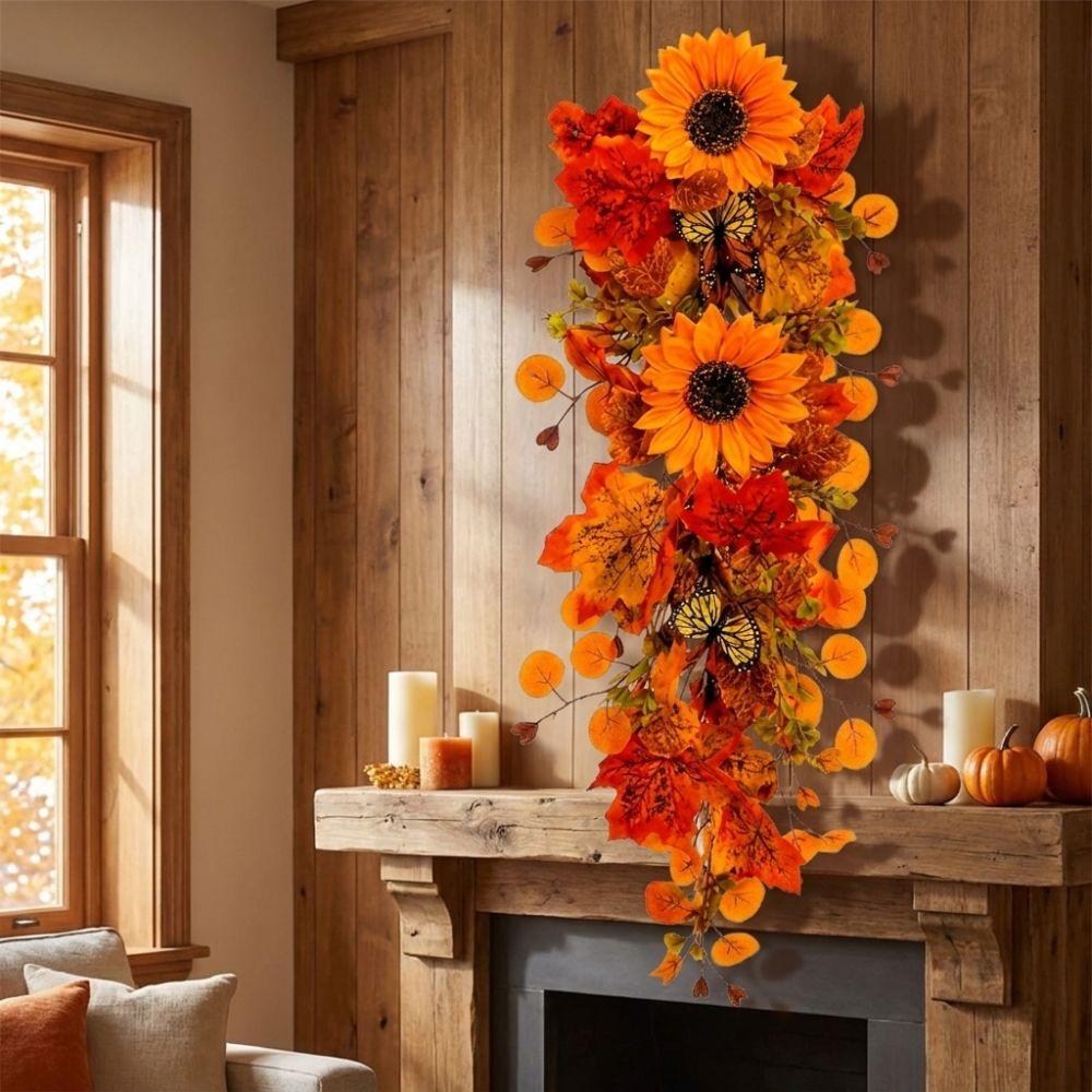 Lifelike Artificial Fall Wreath with Butterfly Floral Maple Leaf Ornament  Autumn Harvest