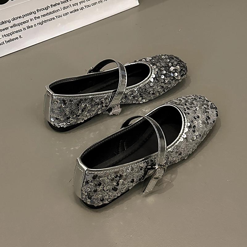 Sequin Mary Jane Shoes Women's Spring and Summer New Round Toe Shallow Mouth Flat Slip Single Shoes