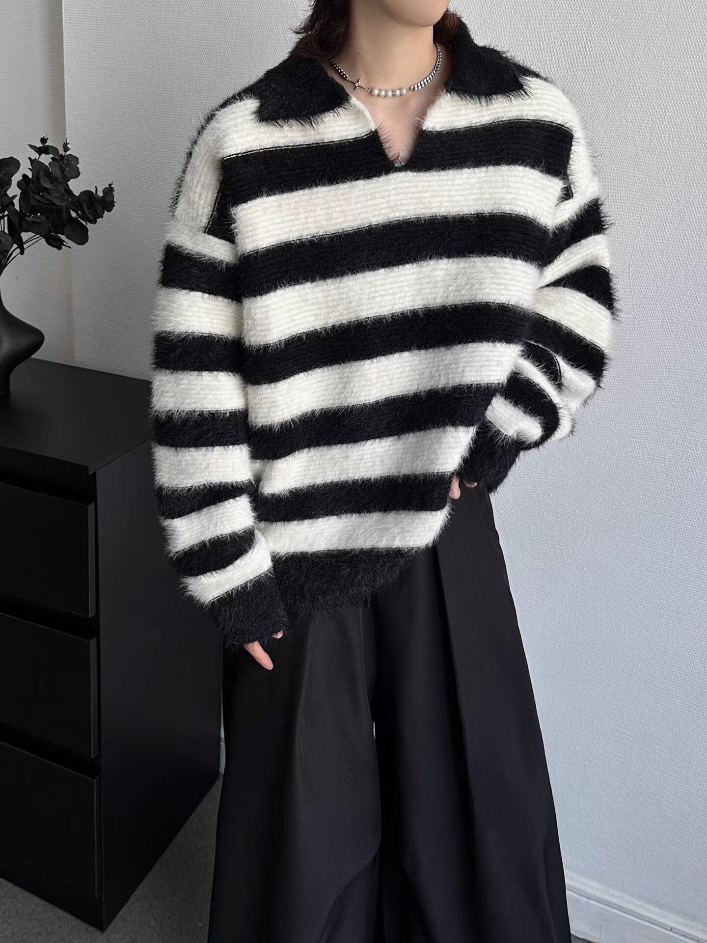 Men s Korean Lapel Stripe Color Block Wool Sweater - Autumn/Winter Faux Mohair Knitwear L абрикосовый