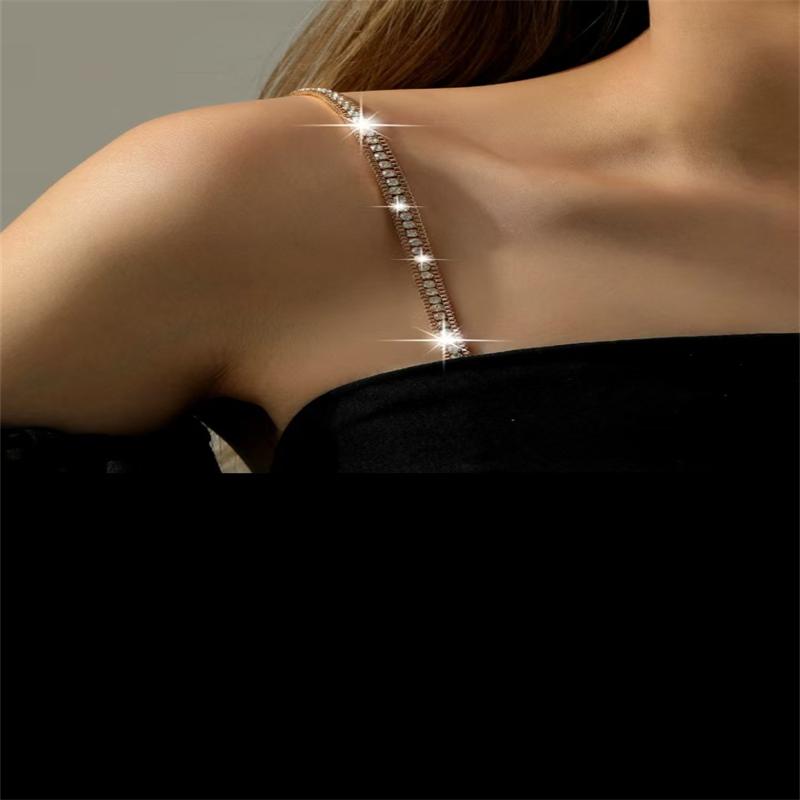 Anti-exposure off-shoulder bra with shoulder strap and neck strap, invisible anti-slip shoulder strap with rhinestone bra strap