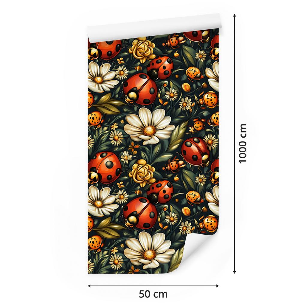 Ladybug Wallpaper Gold and Bottle Green for Living Room and Bedroom 50x1000