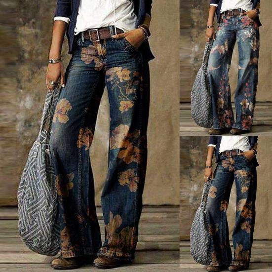 Damen Retro High Waist Wide Leg Floral Print Lange Lockere Jeans Hosen