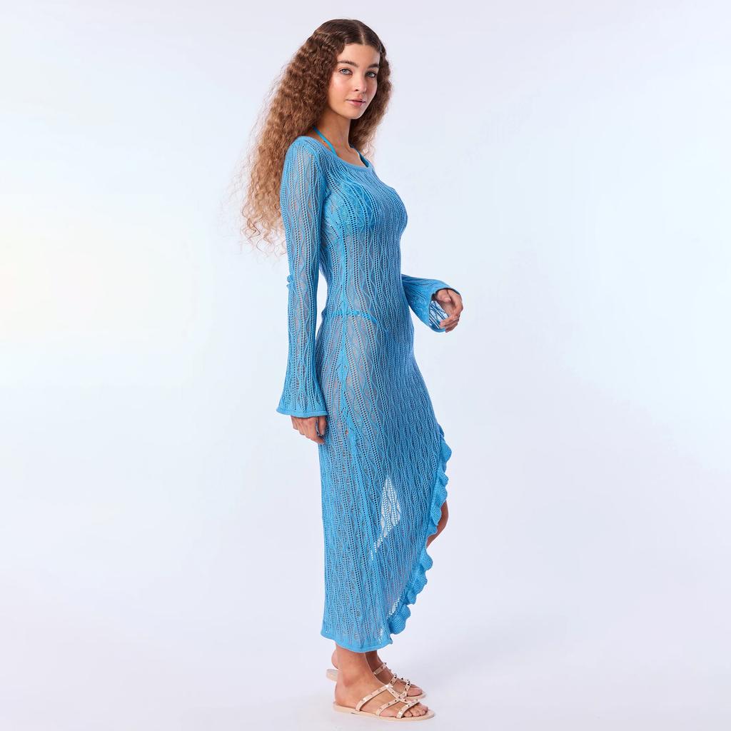 New Spring Long-cut Skirt Hollow Beach Skirt Vacation Style Casual Sexy Hooded Shirt Dress