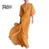 Women Casual Dress V- Neck Long for Summer Autumn, Solid Color Tie Waist A-Line Dress, Half Sleeves Swing Maxi Dresses