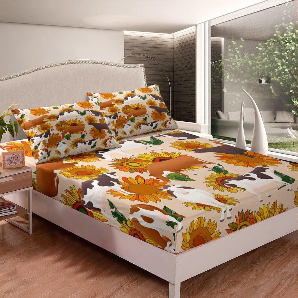 Highland Cow Fitted Sheet,Bull Cattle Bedding Set Yellow Sunflower Print Fitted Bed Sheets Western Farmhouse Theme Cow Bed Decor