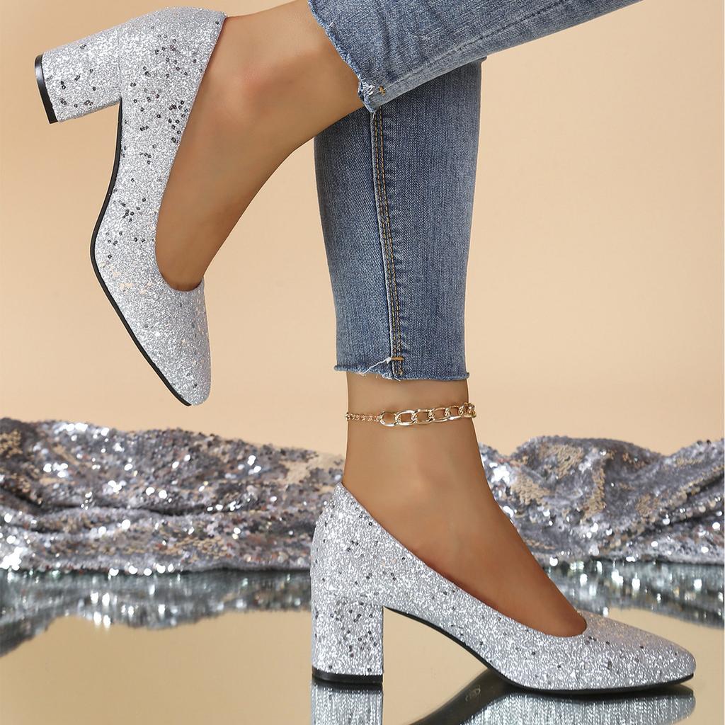 Women's Glitter Block Heel Pumps