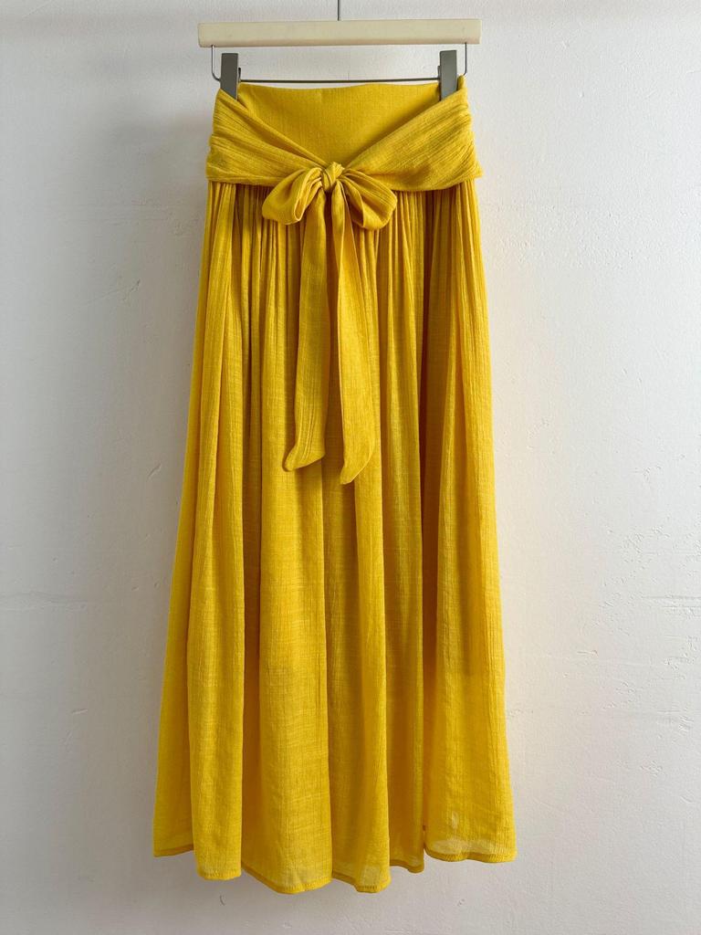 Damen Midi-Rock im Strandstil aus Baumwoll-Leinen mit Schnürung, A-Linie, mit Aquarell-Design