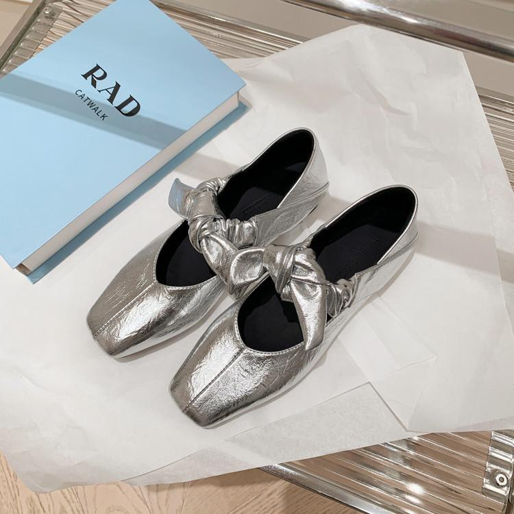 French bow Mary Jane shoes women's flat bottom square head single shoes women's 2025 spring new versatile leather women's shoes
