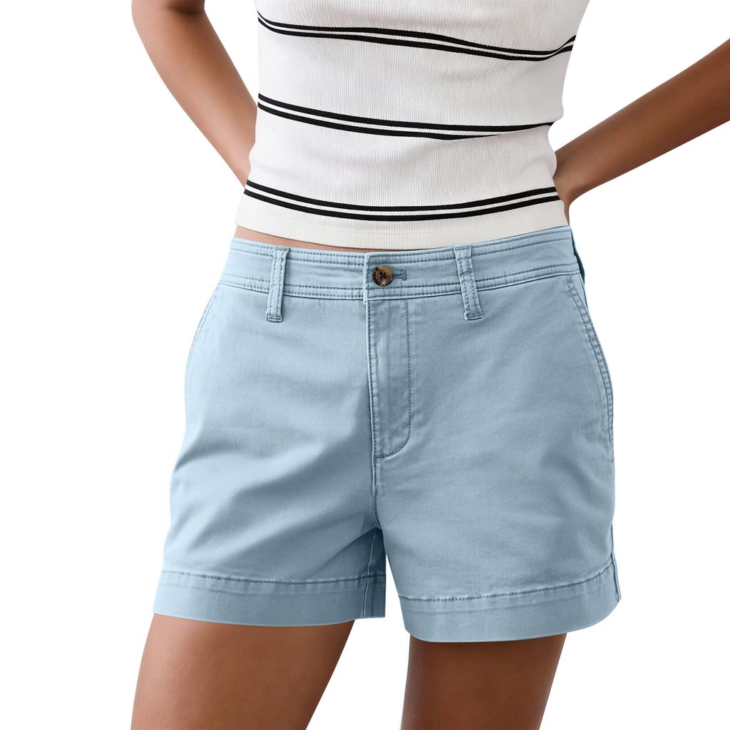 Women’s Mid Rise Cotton Blend Chino Shorts with Button Closure and Belt Loops for Everyday Casual Wear