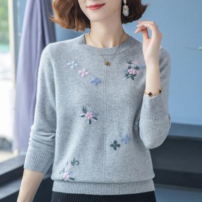 Spring Autumn Women's Crewneck Sweater Embroidered Loose Plus Size Knitwear Pullover Stretch Knit Top