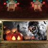 Halloween garage sign depicting a terrifying female skeleton with glowing eyes.PMJ