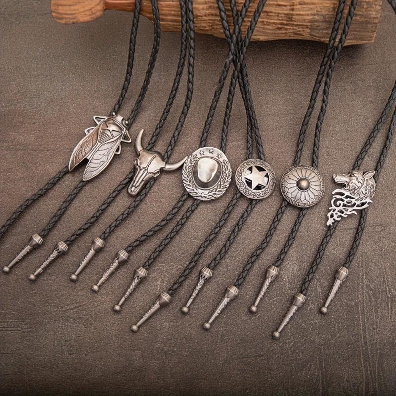 6Pieces Southwestern Styles Men's Bolo Tie with Cow Skull Star Pendant for Casual or Formal Wear Leather Cord Necktie