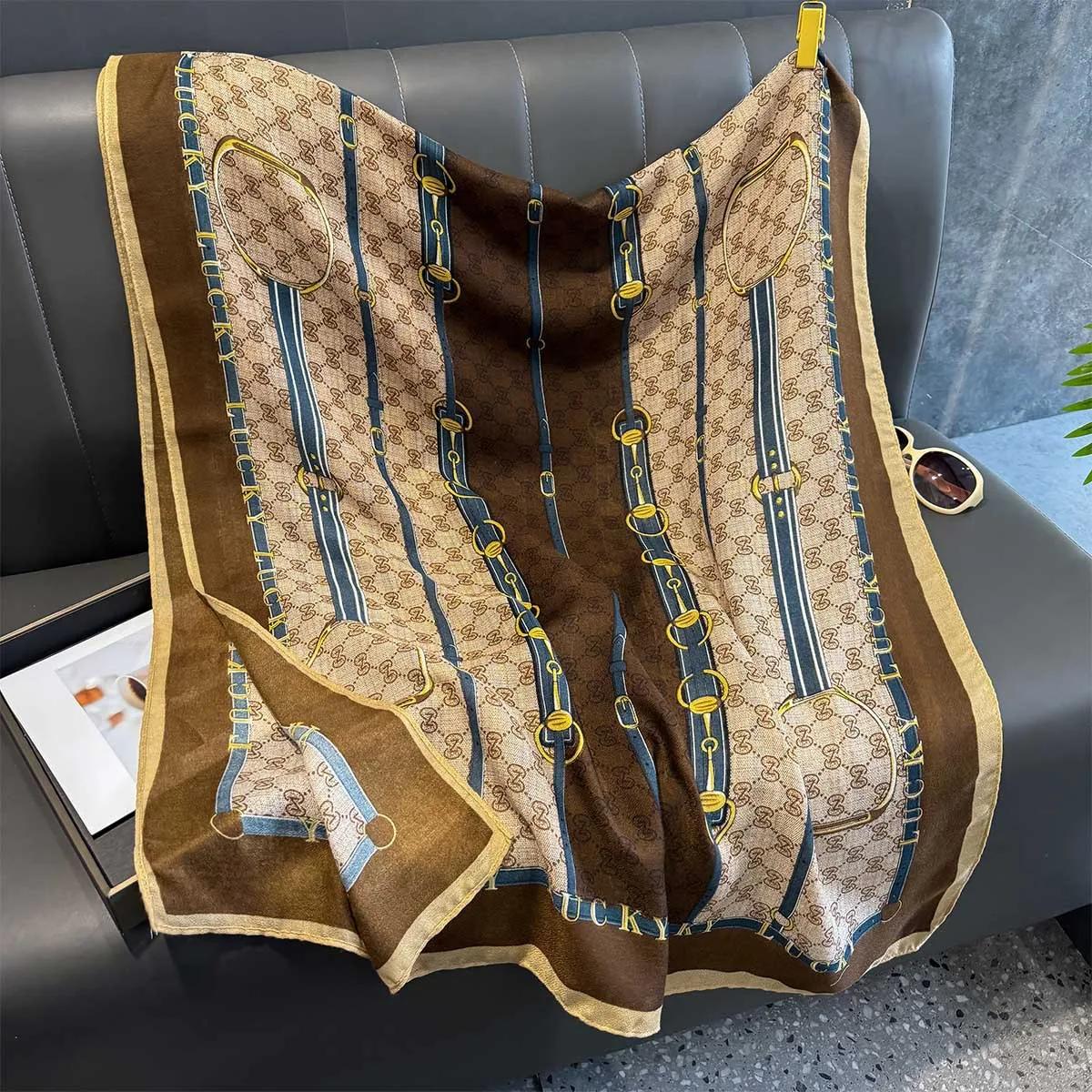 Новый летний осенний легкий тонкий мягкий длинный шелковый шарф Продвинутый шарф Универсальный женский шаль Элегантный темперамент Шарф с принтом 88X182CM