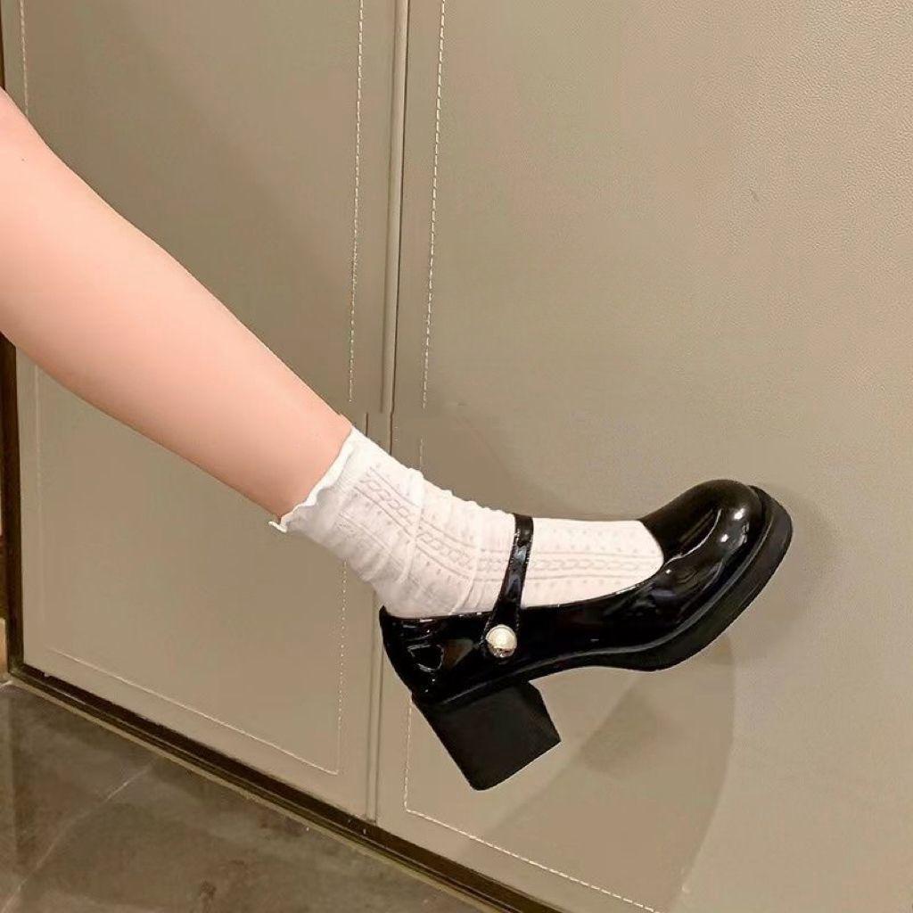 Versatile Round Head Thick Heel British Style Black Retro Small Leather Shoes for Women's New Shallow Mouth French Mary Jane Small Leather Shoe