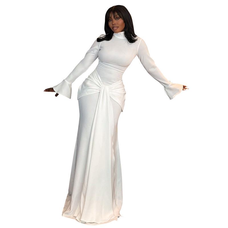 European & American Women's Fashion 2024 Autumn/Winter Slimming Long-Sleeve Tie-Up Dress - Solid Color, Waist-Hugging & Hip-Wrapping Style
