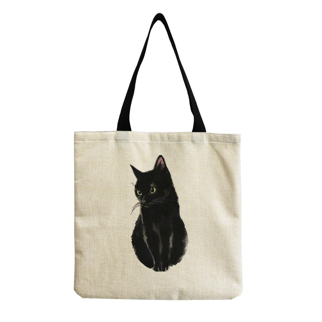 Women Vintage Linen Tote Bag - Large Capacity Cat Print Shoulder Handbag for Casual & Grocery Shopping KTB