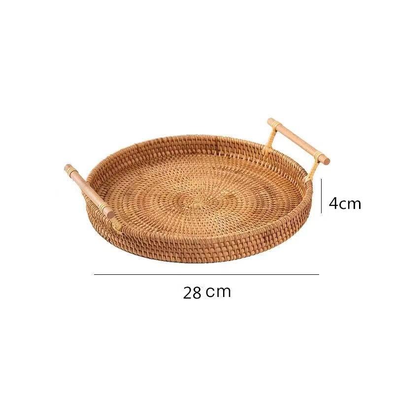 Handwoven Rattan Storage Tray with Wooden Handle Picnic Basket Bread Food Plate Snacks Fruit Cake Platter Dinner Serving Tray