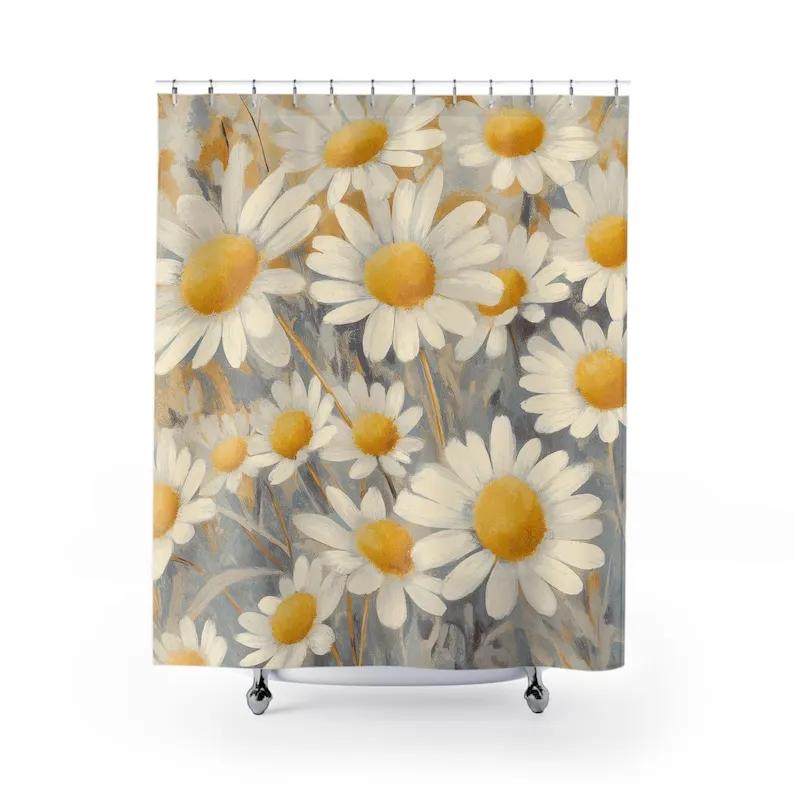 Happy Adults Toys Yellow/White Daisies Watercolor Shower Curtain - & Wildflower Design, Cottagecore Bathroom Decor
