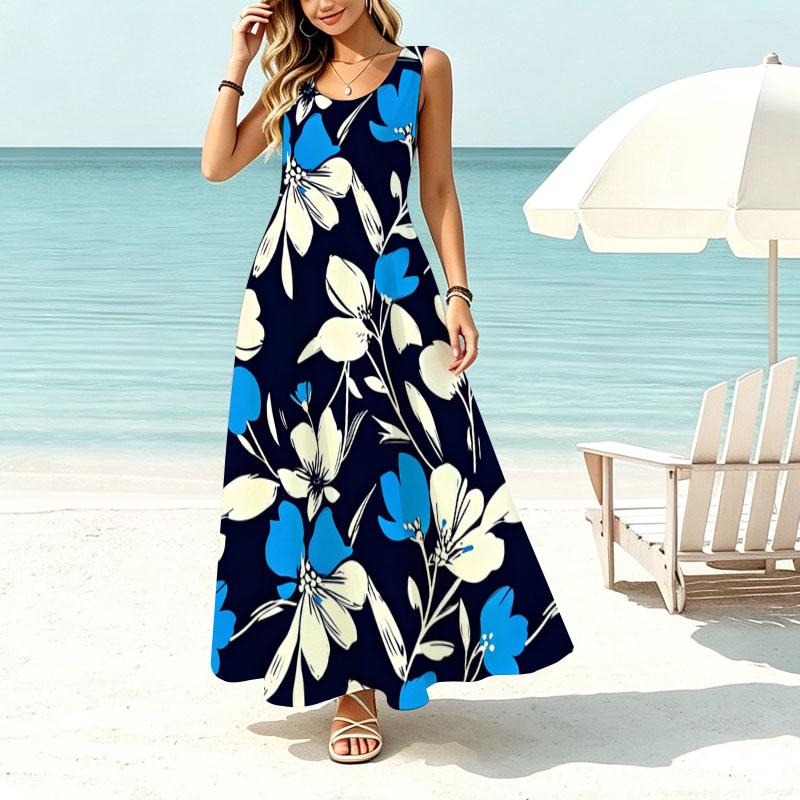 Women's U-Neck Sleeveless Maxi Dress,Fresh Floral Print,Flowy Lightweight Swing Hem Ideal for Beach Vacation,Daily Home Casual Summer Outfit