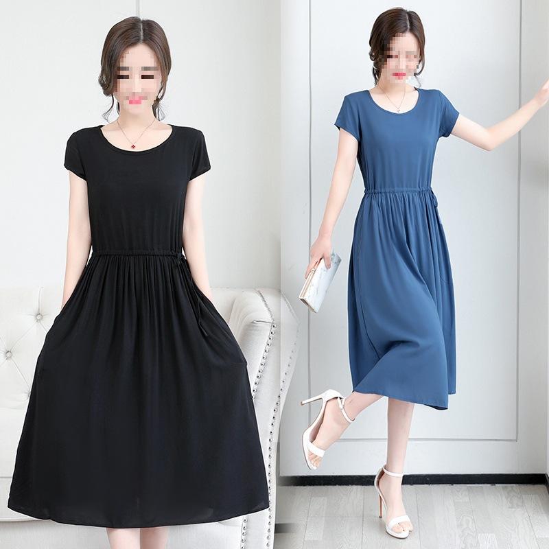 Solid color lace-up A-shaped dress waist summer new fashion chic temperament medium and long skirt women's pocket
