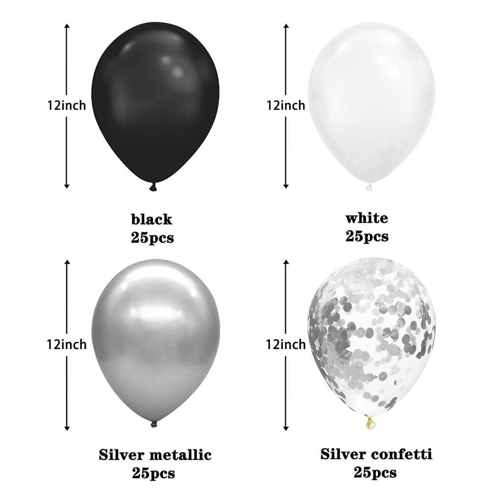 12inch 100pcs silver black white balloon set with confetti, suitable for weddings, birthdays, theme parties, family gatherings