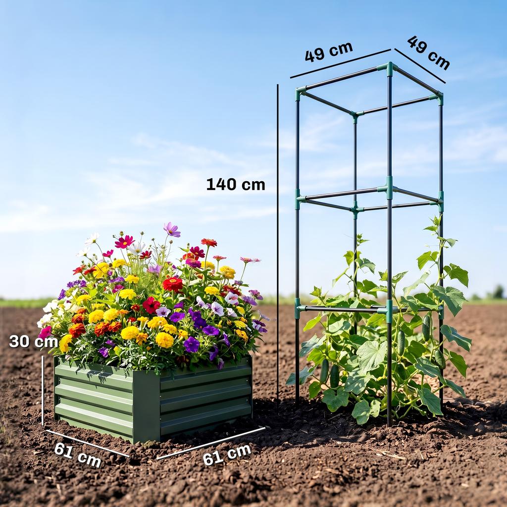 Outdoor Planter with Trellis, Open Bottom, Climbing Plants, 61 x 61 x 140 cm, Green
