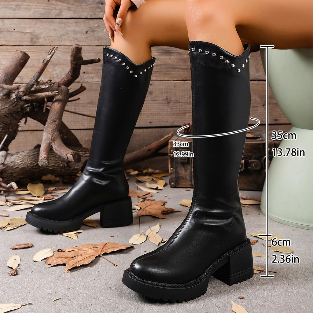 Dámské jednobarevné boty na robustním podpatku Módní nýtová dekorace Platformové kozačky po koleno Dámské podzimní zimní PU kůže Dlouhé boty