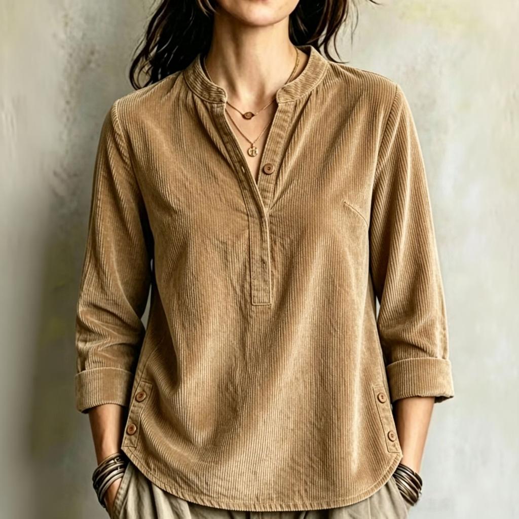 Chemise à Manches Longues Boutonnée Col en V en Velours Côtelé pour Femme, Style Décontracté
