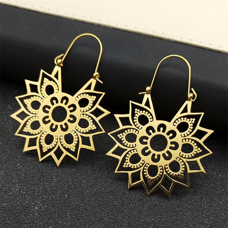 Trendy Yoga Lotus Flower Earrings Stainless Steel Gold Color Hoop Earrings for Women Jewelry boucles d'oreilles E9360S01