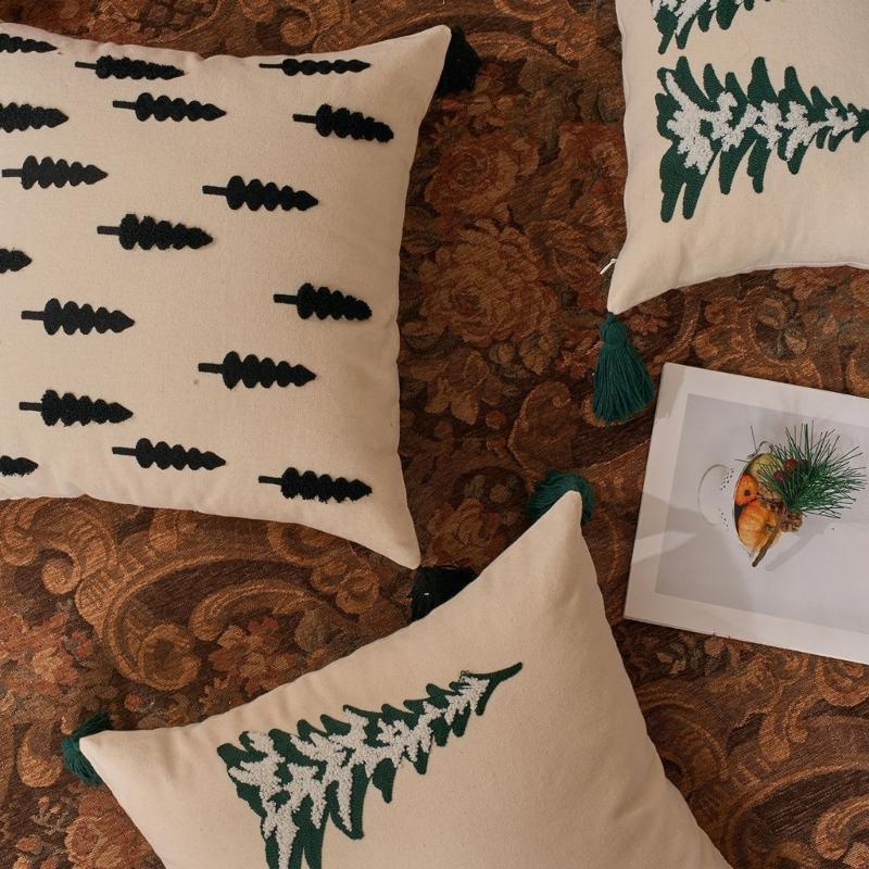 Towel Embroidery Holiday Pillowcase Christmas Tree Designs Breathable Cotton Linen Bedding Decoration