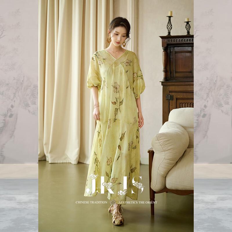 Новое платье в китайском стиле из тенсела и льна с вышивкой XL