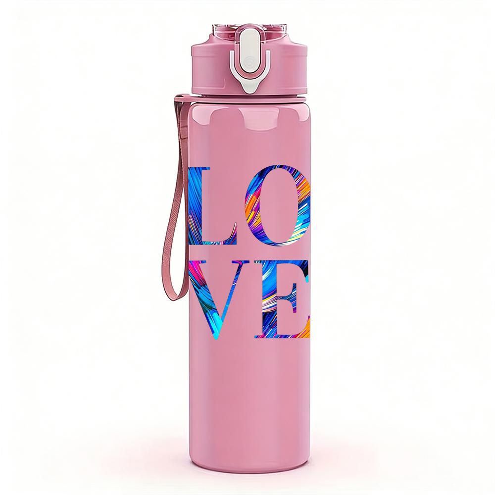 1PC Gradient Color LOVE Letter 750ml Color Plastic Sports Water Bottle Leakproof Flip Straw Lid Suitable for Sports Office Home Use
