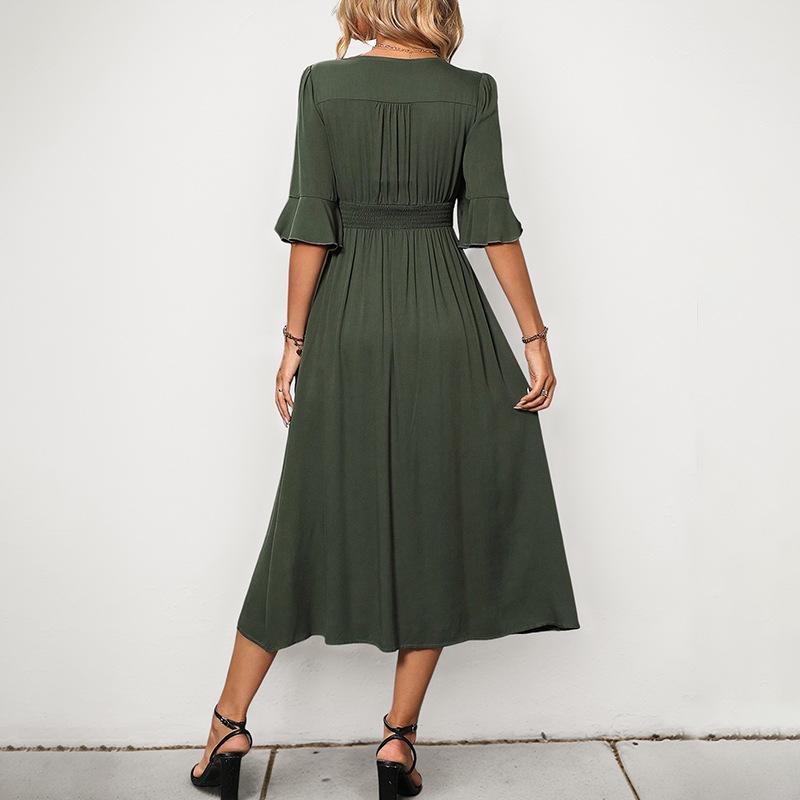 Summer new elegant wind v-neck horn medium sleeve solid color split dress
