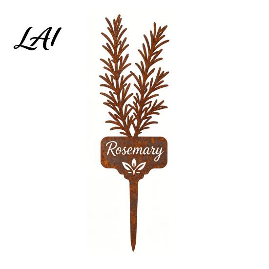 Gartendeko für Innenhöfe Rasenflächen Metallpflanzenstab Rostiges Rosmarinetikett Dekorative Kräuteretiketten Outdoor Thymian-Markierer Hofkräuter Hochbeet Pflanzgefäß