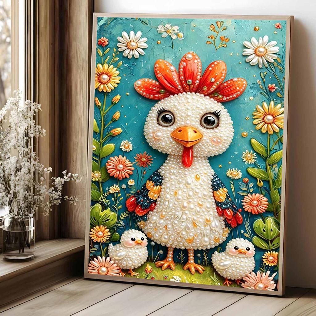 Elegant Framed Pearl Art DIY Set with Cute Chicken Floral Design 5D Sparkling Bead Canvas Painting Ready To Display Romantic Home Decor Gift