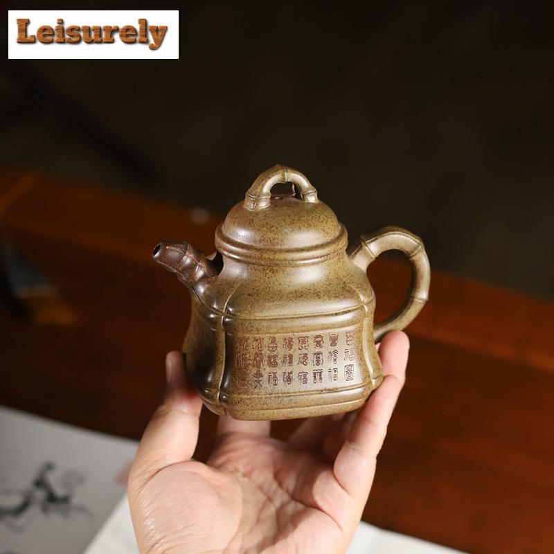 Classic Yixing Purple Clay Teapots Handmade Square Bamboo Tripod Pot Raw Ore Agilawood Mud Kettle With Infuser Zisha Teaset Gift