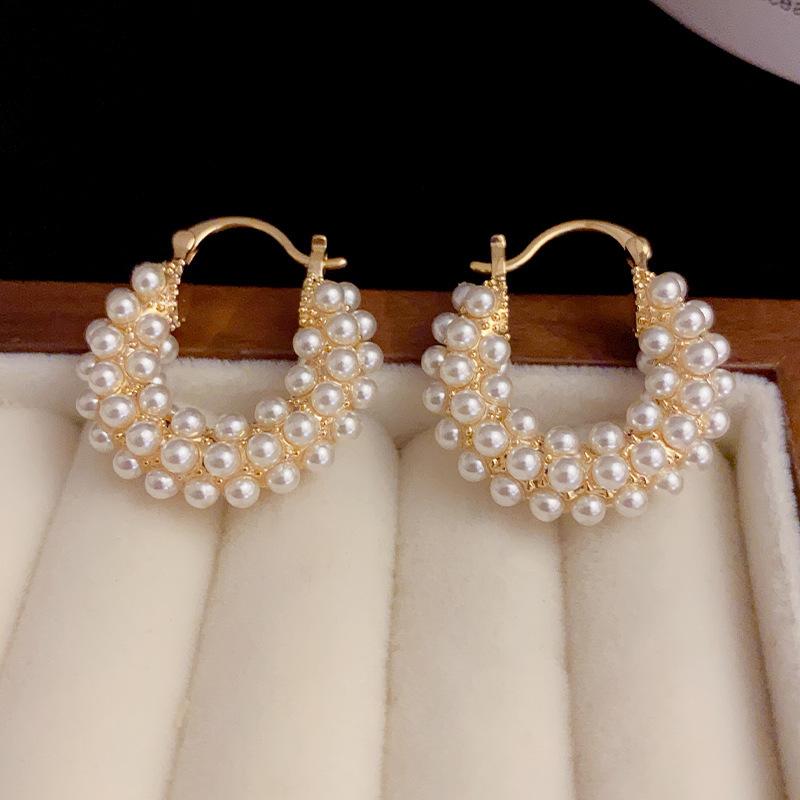 1 Pair Vintage Pearl Round Earrings for Women Big Hoop Pierced Allergy Resistant Earrings Jewelry