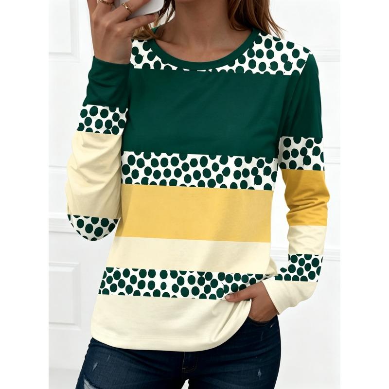 Women's Polka Dot Color Block Print Crew Neck T-Shirt, Casual Tops for Spring Summer Daily Streetwear