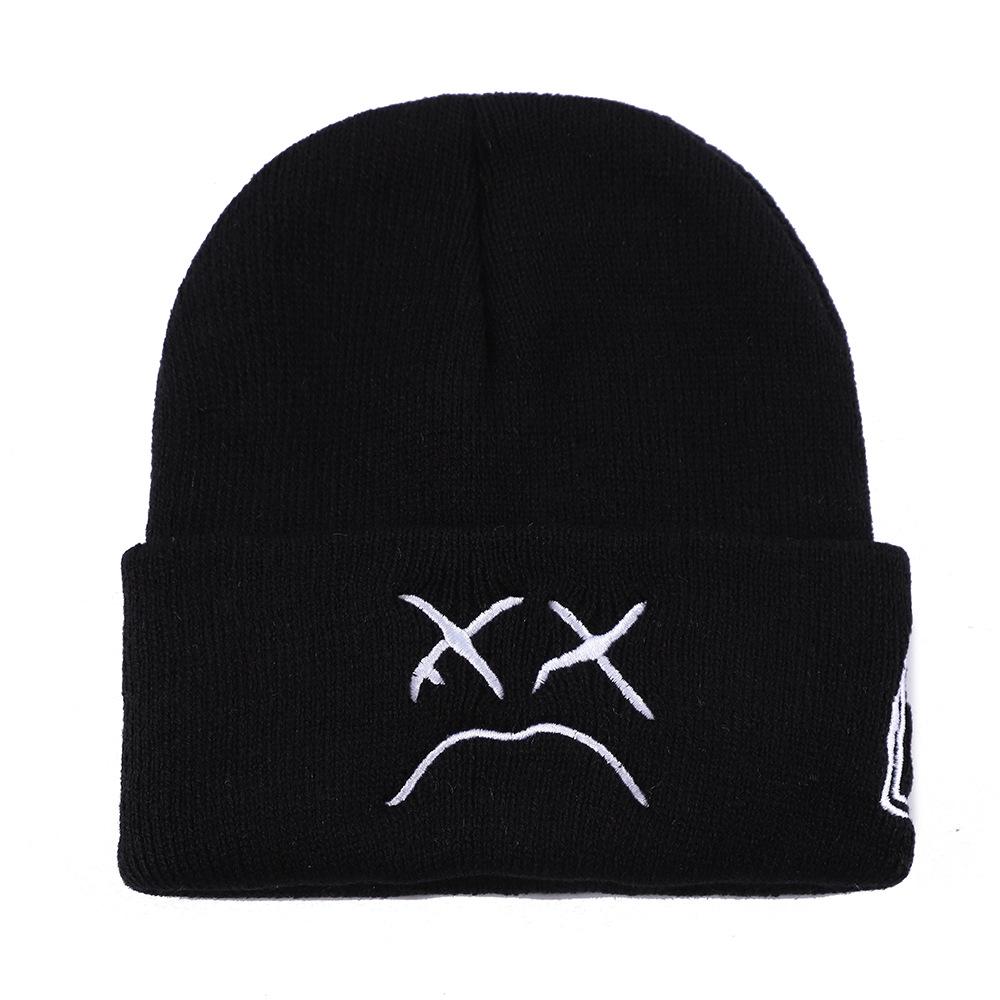 Europa & Amerika Gestrickte Mütze mit Stickerei - Weinendes Gesicht Design, Herbst/Winter Ohrenschutz, Warm, Vielseitige Überzieh-Mütze mit Streetstyle