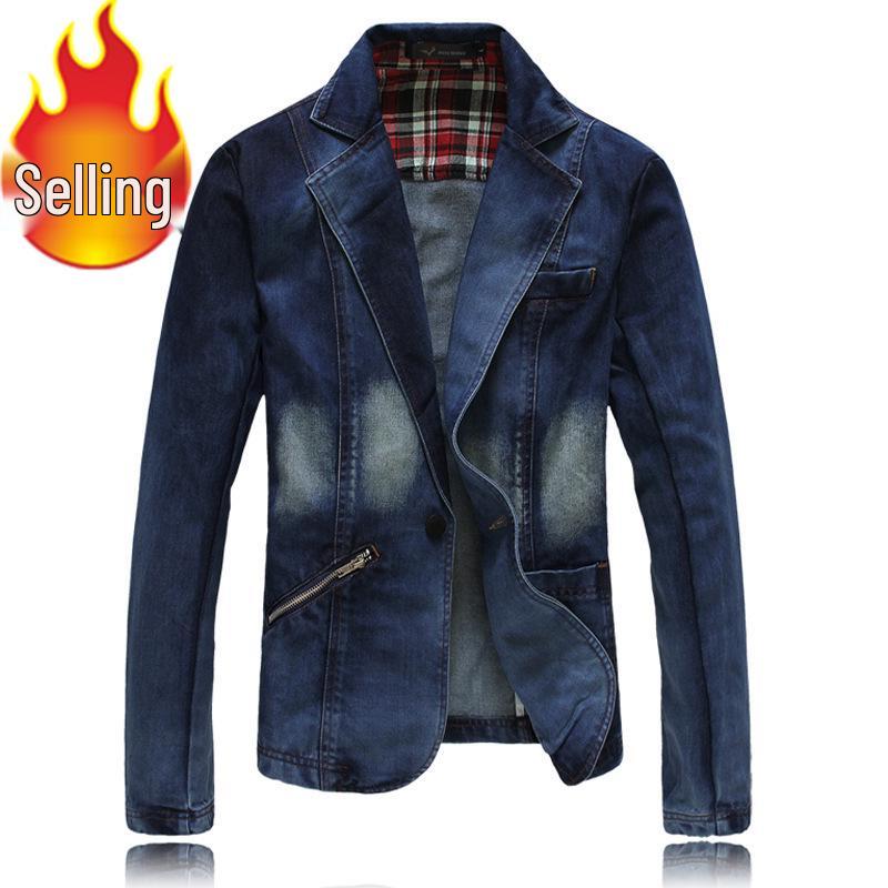 

X02 Men s Slim Fit Gradient Washed Denim Jacket - Korean Style Casual Single-Breasted Suit L синий