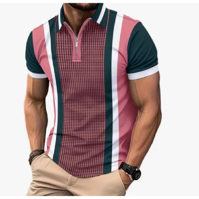 Summer Men's Casual Striped Houndstooth Digital Print T-Shirt Zipper Polo Shirt