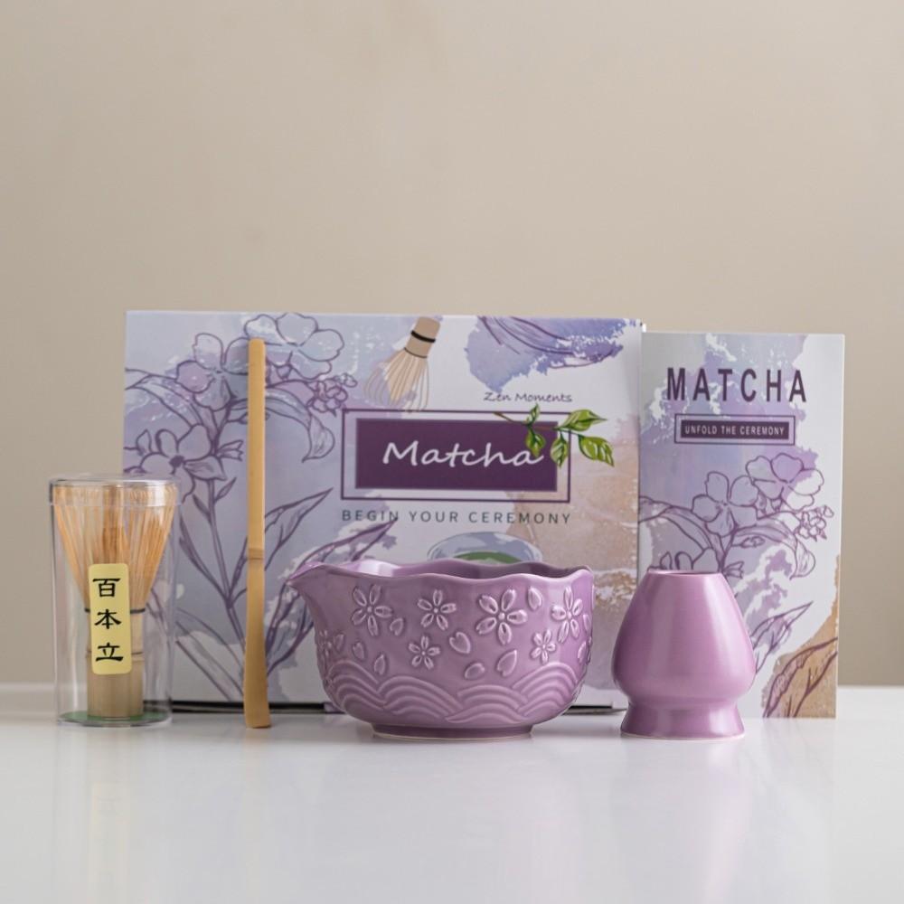 2/4/7 Pcs New Ceramic Matcha Bowl Flower Sakura Matcha Whisk Holder Reusable with Pouring Spout Matcha Making Kit Tea Lovers